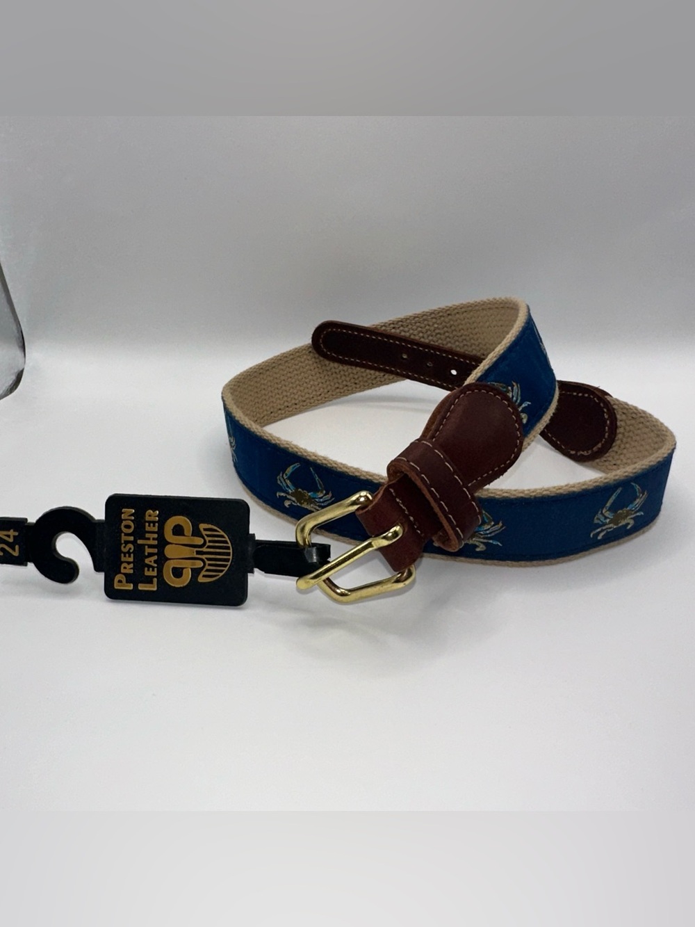 Preston Leather Crab Nautical Belt Solid Brass Buckle Kids Size 24 Made in USA